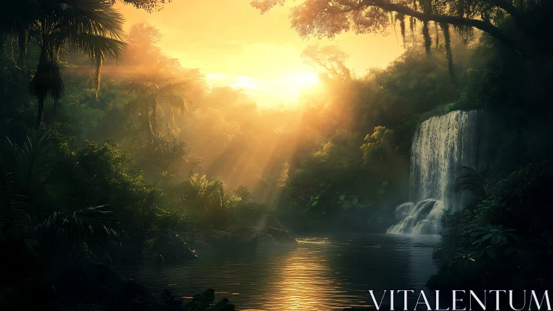 Sunlit jungle waterfall welcoming a quiet moment of wonder.