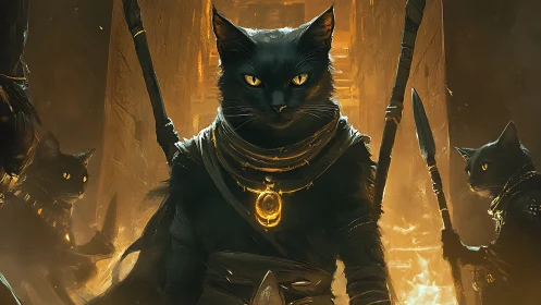 Warrior Cats in Golden Temple: Dark Fantasy Military Composition.