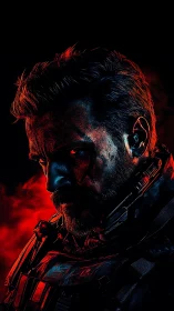 Armored soldier portrait lit by dramatic red and blue light