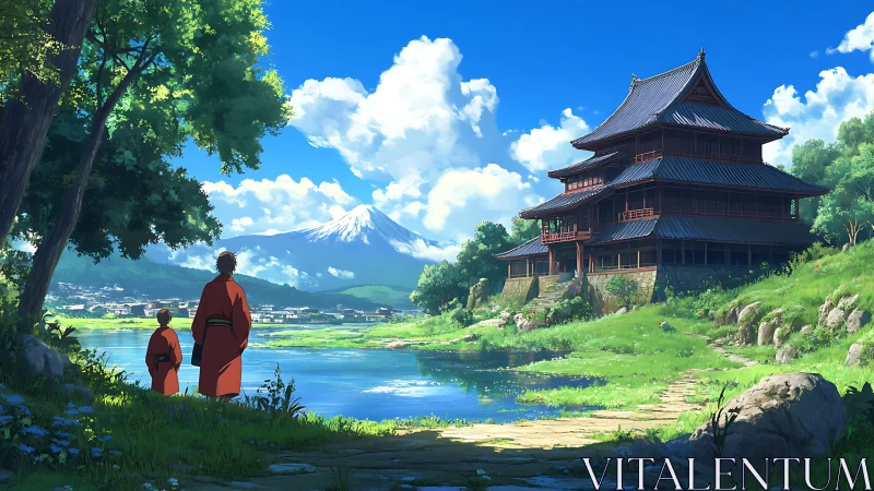 Serene riverside pagoda with Mt Fuji under expansive cumulus sky