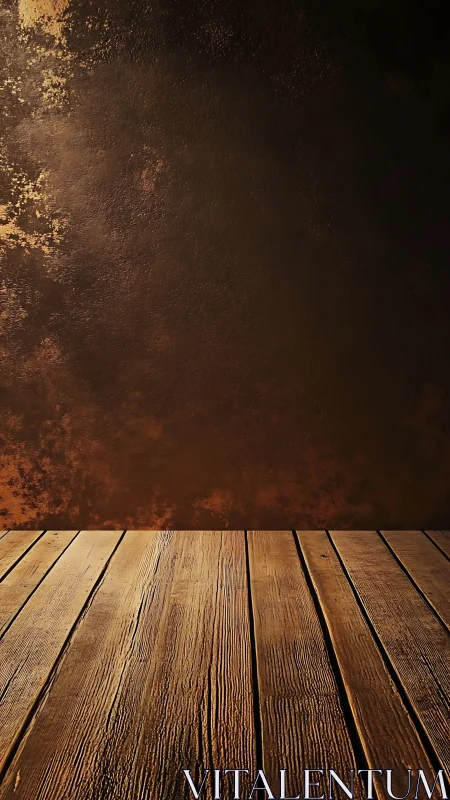 Wooden floor and textured brown wall in warm lighting.