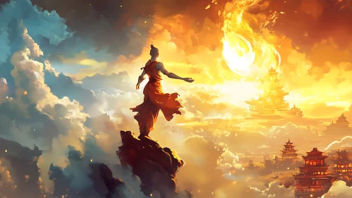 Monk overlooking celestial citadels under blazing sunflare.
