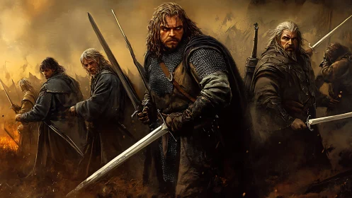 Battle-hardened warriors stand united in swirling embers.