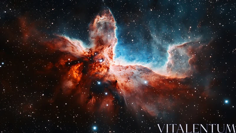 Celestial firebird unfurls wings in a star-salted cradle.