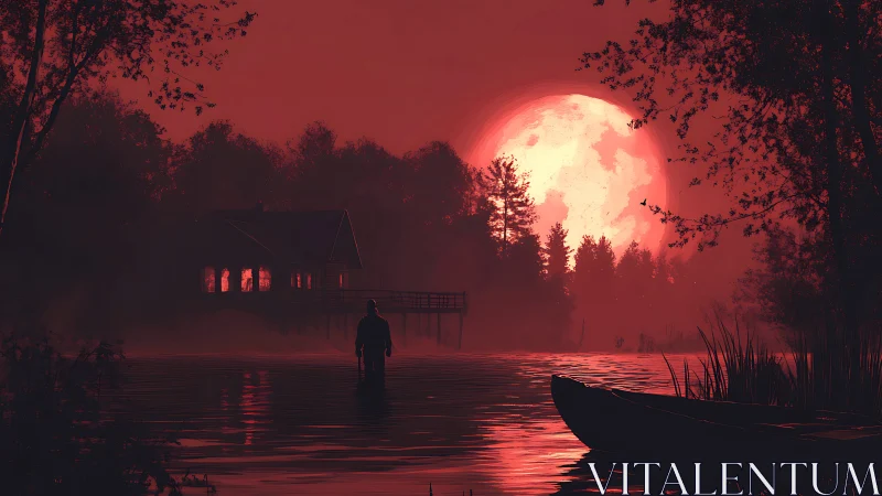 Red monochrome lakeside scene with silhouetted figure and supermoon