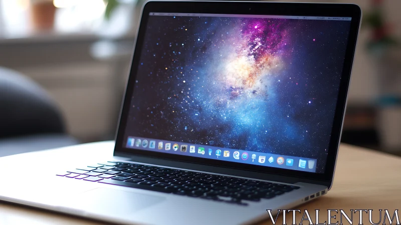 Open laptop on desk with galaxy wallpaper displayed.