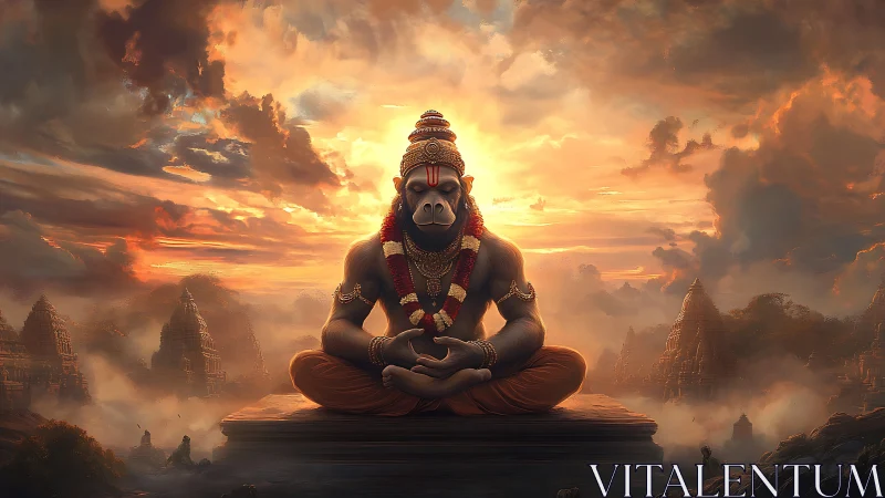 Simian deity figure meditating before temple landscape.