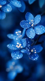Blue flowers with water droplets on petals and centers