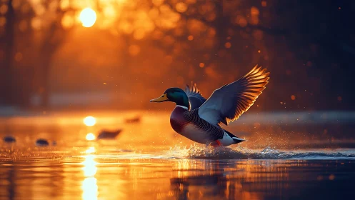 Majestic duck landing on lake at sunrise in golden light, realistic.