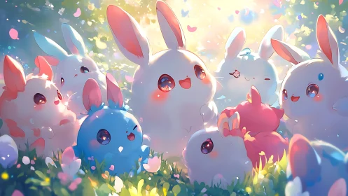 Cute pastel bunnies gathered in a glowing spring meadow.