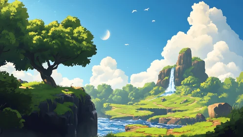 Fantasy landscape with cascading waterfall and towering rock formation