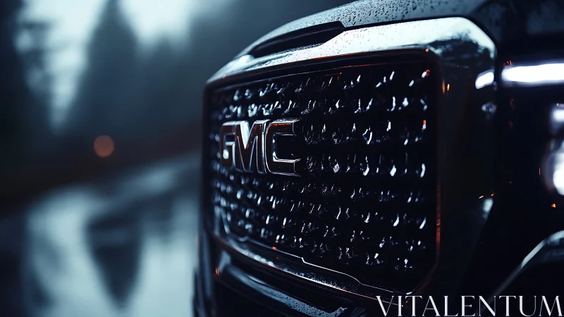 Close view of GMC vehicle grille with shallow depth of field