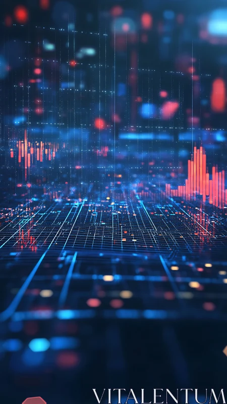 Vertical digital grid visualizes data streams and bar metrics
