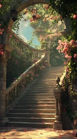 Sunlit stone garden staircase framed by blooming vines.
