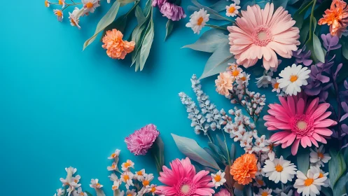 Vibrant Floral Arrangement Against Turquoise Background.