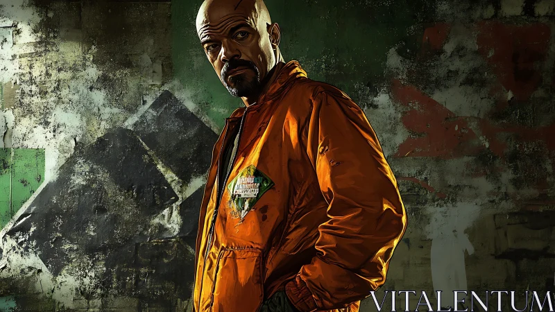 Brooding man in bright jacket stands against gritty wall