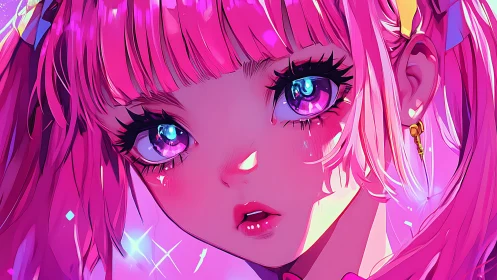 Close-up portrait of pink-haired anime girl in neon light.