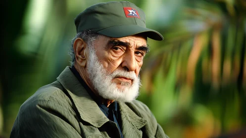 Weathered gaze of an elder in quiet green surroundings.