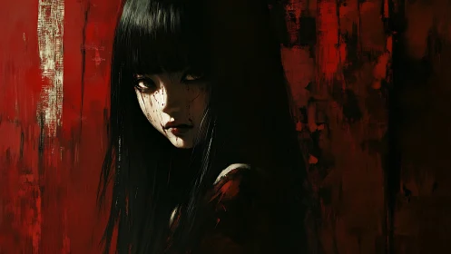 Haunting girl in shadows confronts viewer against scarlet wall