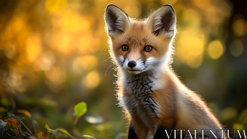Golden forest fox kit glowing in gentle evening light.