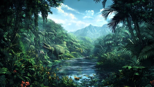 Primeval jungle river glows under misty mountains at dawn