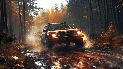Rainy forest trail adventure with a rugged off road truck.