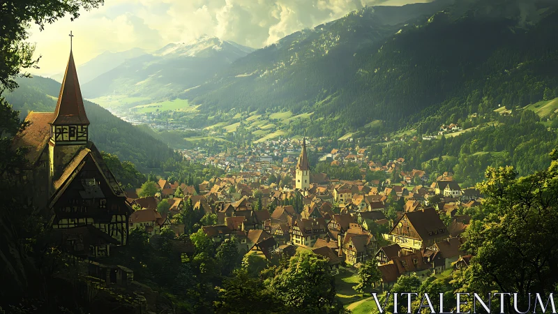 Sunlit alpine village valley with church spires and forests.