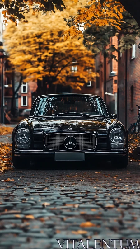 Classic black Mercedes parked on cobblestone street in autumn