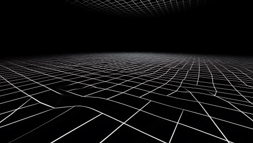 Minimalist 3D grid landscape with curved white lines.