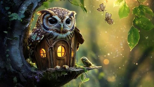 Whimsical Owl in Treehouse with Butterflies, Fantasy Art Scene.