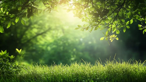 Lush Green Meadow with Sunlight Filtering Through Leaves, Natural Scene.