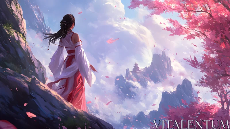 Mountain overlook heroine in red hanfu amid pink blossoms
