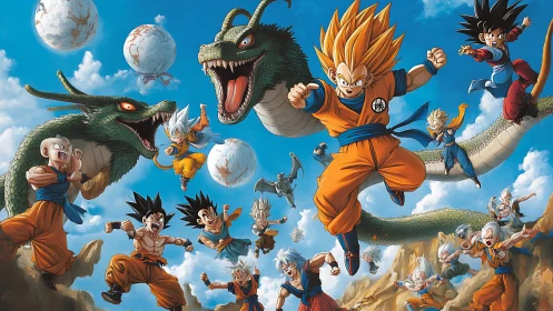 Skybound martial heroes racing alongside roaring dragons.