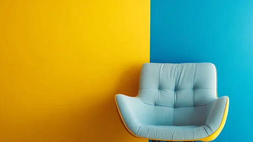 Soft blue armchair rests against bold yellow and teal wall