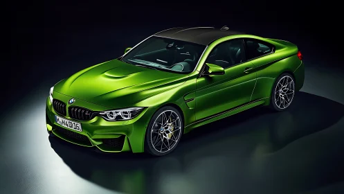 Photorealistic lime-green coupe in dramatic studio lighting.
