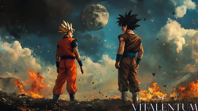 Saiyan warriors confront burning horizon beneath moon