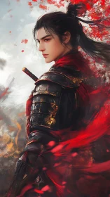 Warrior in black armor with red cloak in storm of petals.