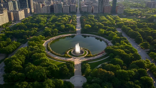 Circular city fountain anchors lush urban park symmetry