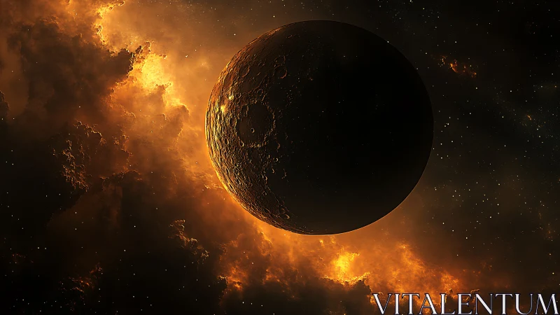 Burning nebula engulfs a shadowed cratered planet in space.