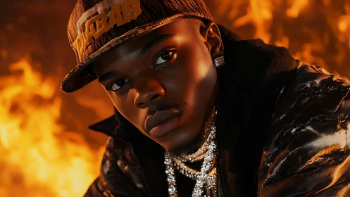 Portrait of Individual in Urban Streetwear with Crystalline Jewelry Against Inferno Backdrop.