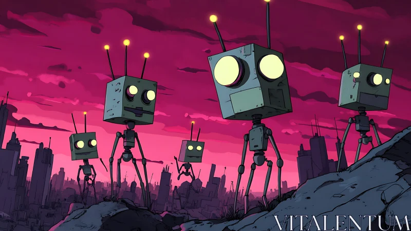Boxy robots roaming a ruined city under magenta sky.