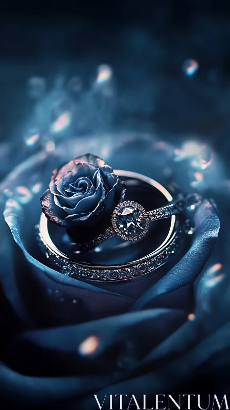 Luxury engagement ring positioned on midnight rose with crystalline diamond setting.
