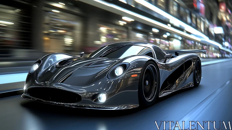 Futuristic chrome hypercar racing through neon city tunnel.