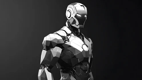 Polished faceted robot stands in sleek monochrome armor.