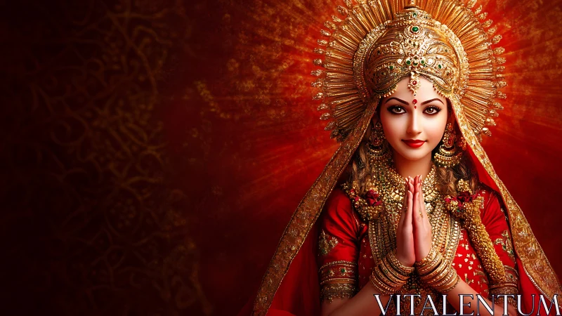 Radiant goddess portrait in red and gold devotional glow.