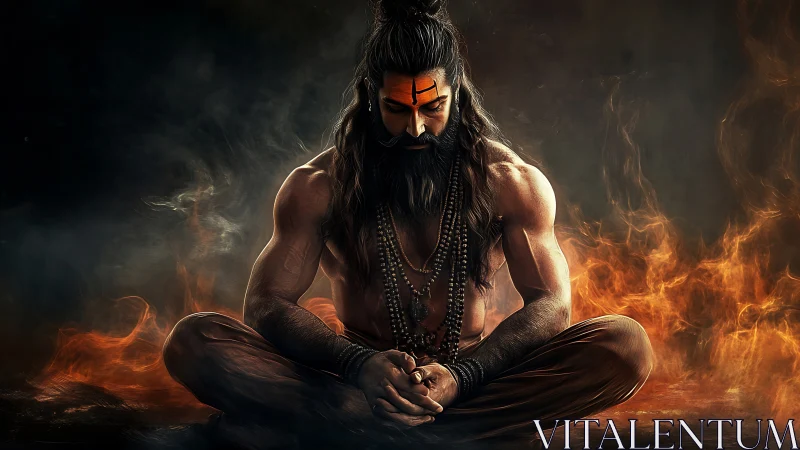 Firelit warrior yogi in deep meditation amid swirling smoke.