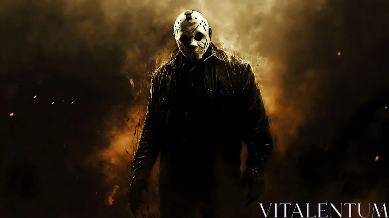 Masked horror figure advances through burning smoke in darkness