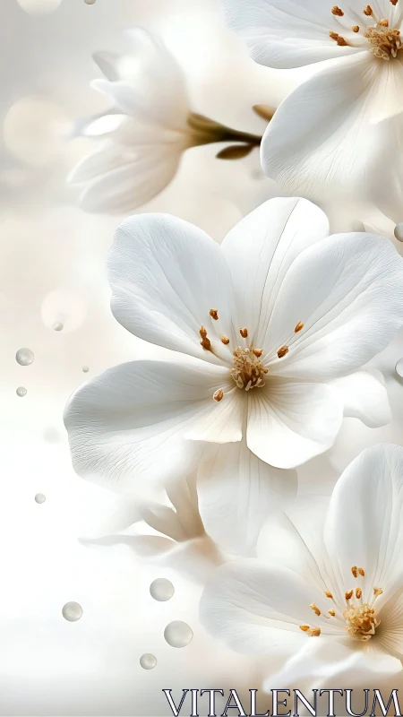 Macro-rendered white petaled flowers with golden stamens and depth-of-field bokeh