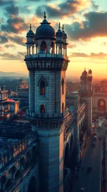 Sunlit Mughal tower above bustling historic city street.