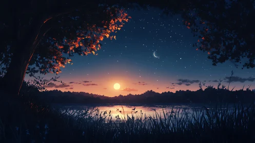 Twilight lakeside under crescent moon and glowing sunset.